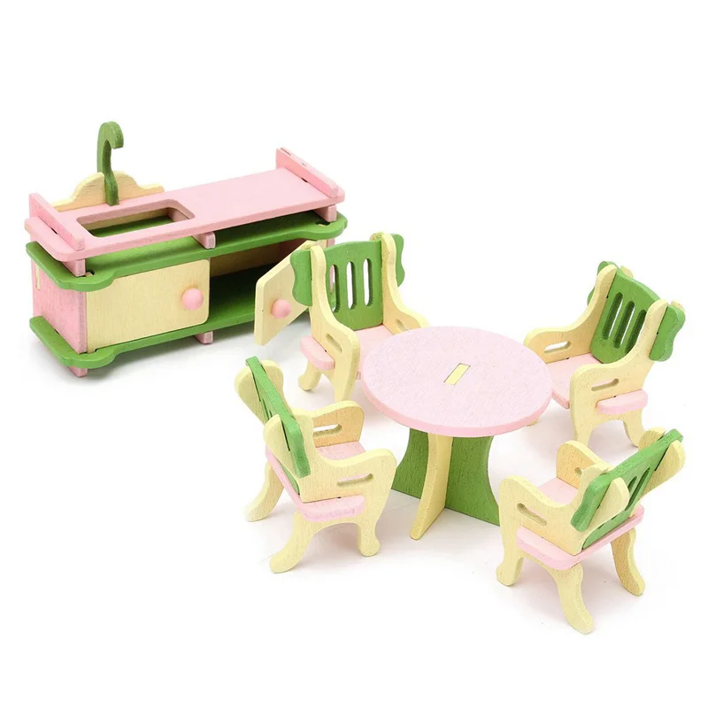 AC52-8 Set Wooden Dollhouse Miniature Furniture Puzzle Model Children Kids Toys