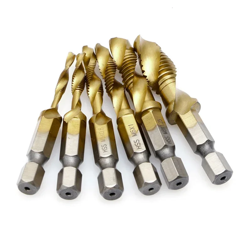 

BIESUO 6Pcs Hex Shank Titanium Plated HSS Screw Thread Metric Tap Drill Bits Screw Machine Compound tap M3-M10 Hand Tools