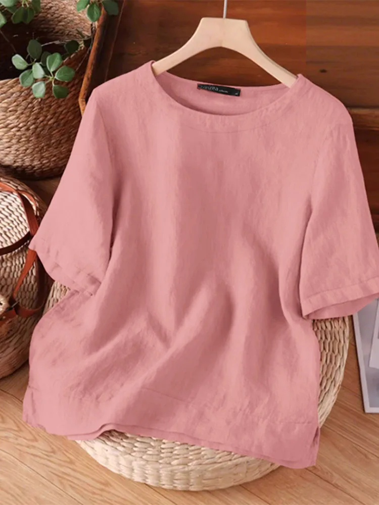 

ZANZEA O-Neck Cotton Linen Blouses Day Wear 2025 Vintage Woman Short Sleeve Tops Casual Summer Solid Color Loose Women T-Shirts