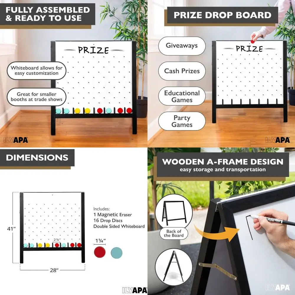 

Double-Sided 41x27.5 Penny Drop Game with Wooden A-Frame, Whiteboard, Storage and Eraser