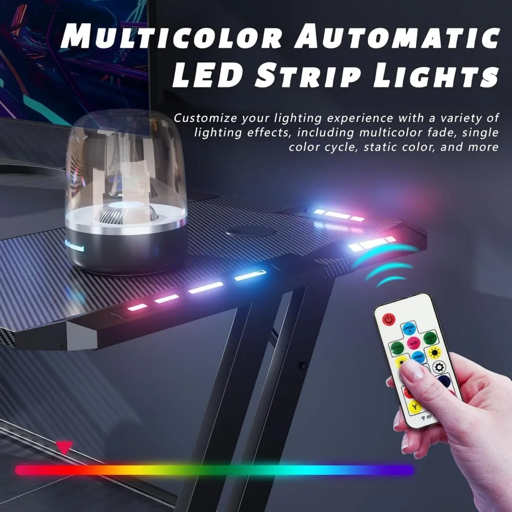 مكتب ألعاب كبير بإضاءة LED RGB مقاس 47 بوصة مع حامل أكواب وخطاف سماعة الرأس ولوحة ماوس وتصميم مريح لتجربة ألعاب الكمبيوتر المثالية