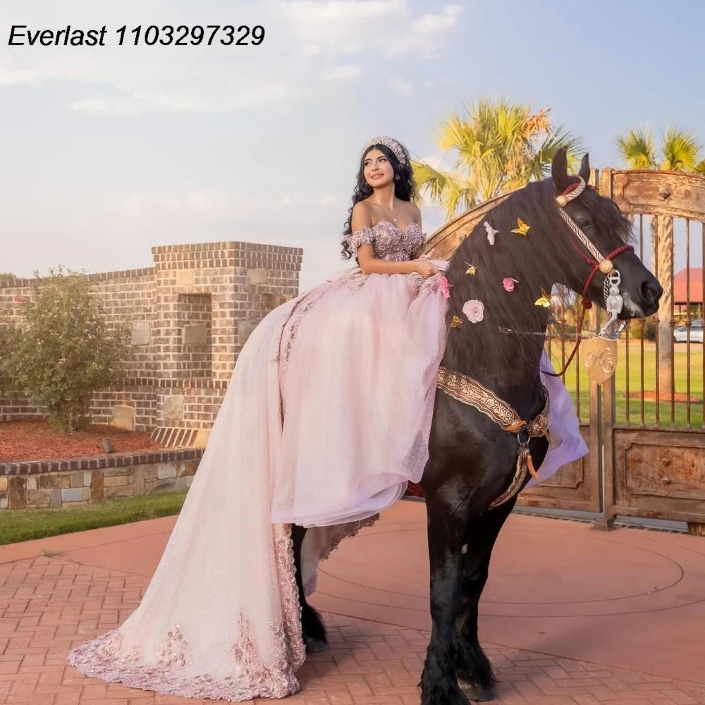 EVLAST Dostosowana różowa suknia Quinceanera w kwiaty Suknia balowa z aplikacją Frezowanie z kokardą Gorset Sweet 16, Vestido De 15 Anos QD1153