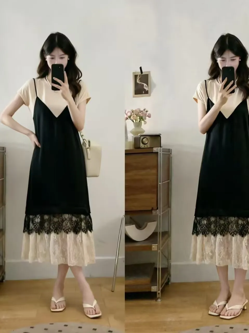 

plus Size Casual Summer Lace Patchwork Dress Conceal Belly Slimming A-Line Skirt Short Sleeve High Waist French Style Polyester