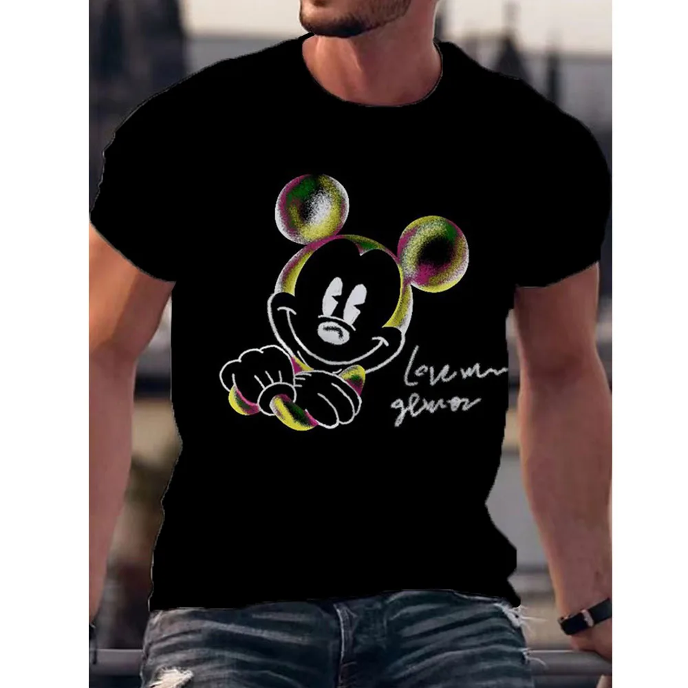 Summer Disney Mickey Mouse Print Men's T-shirts Streetwear Polyester 0-Neck Loose Short Sleeve Tops Casual Loose Tee Shirts Men