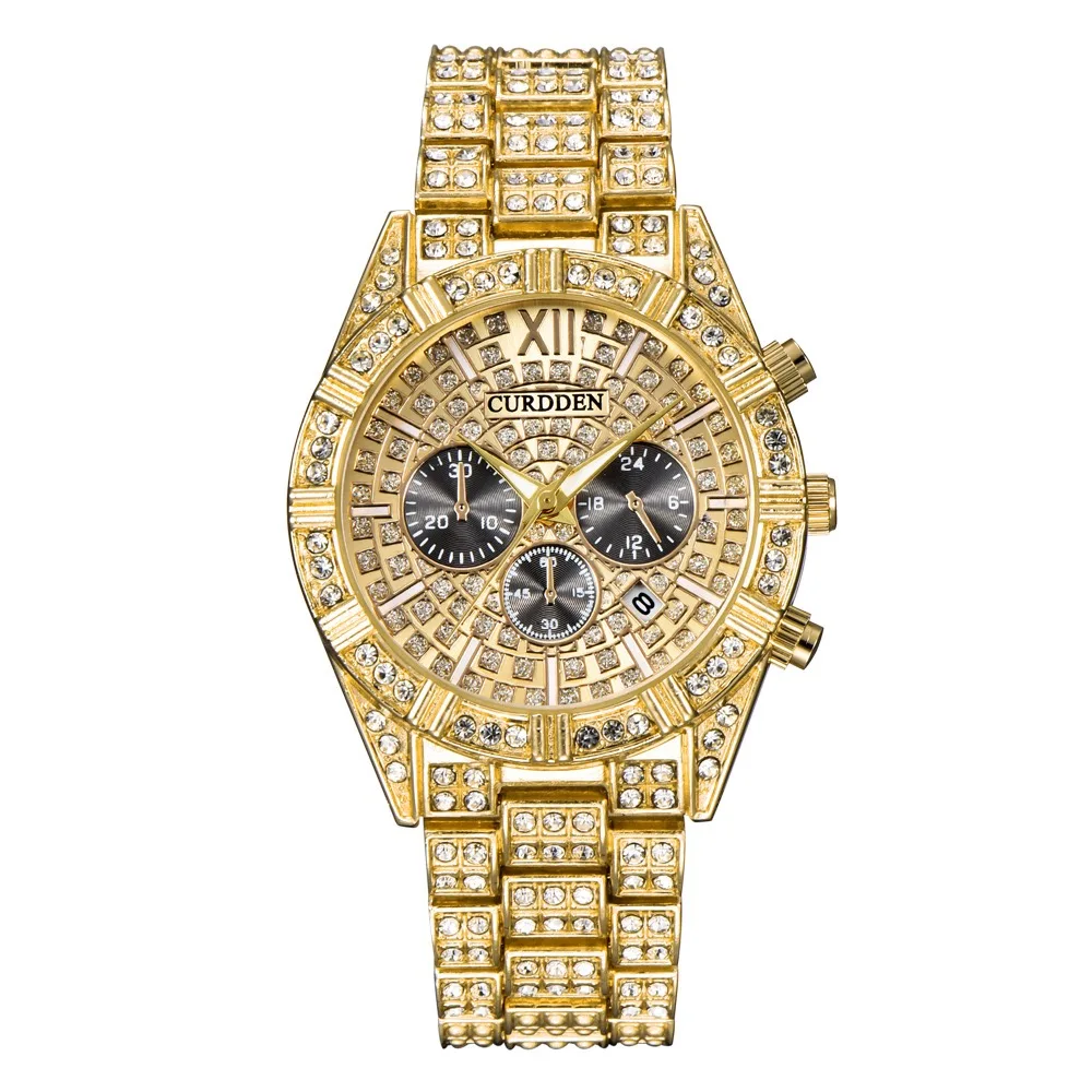 Reloj de cuarzo con diamantes para hombre y Mujer, conjunto de 4 piezas, de lujo, de cristal brillante, estilo Hip Hop, con pulseras, para regalo de pareja