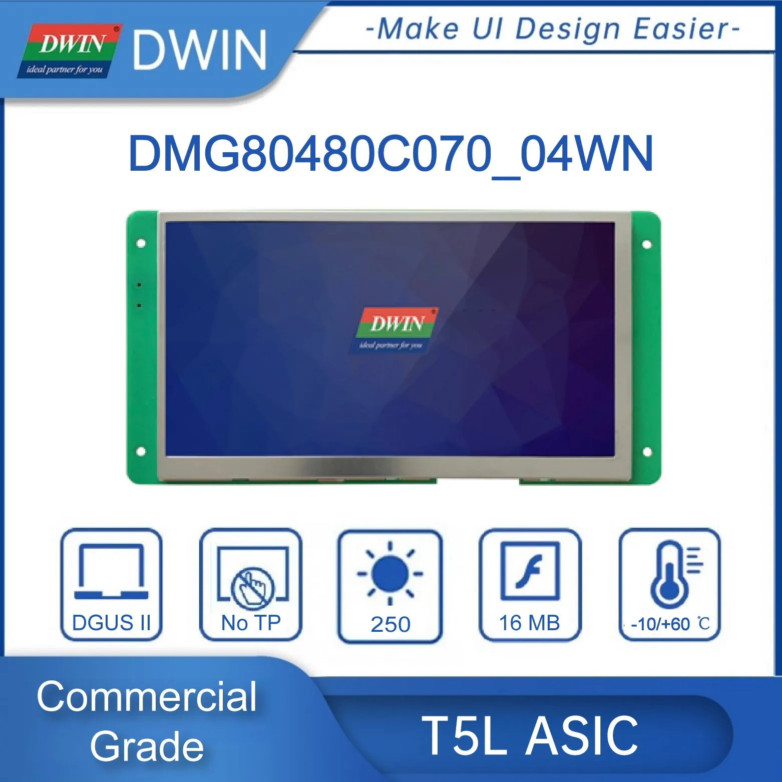 DWIN 7 Inch 800*480 TFT LCD Display Module Capacitive/Resistive TTL/RS232 Commercial Smart Screen For Arduino DMG80480C070_04W