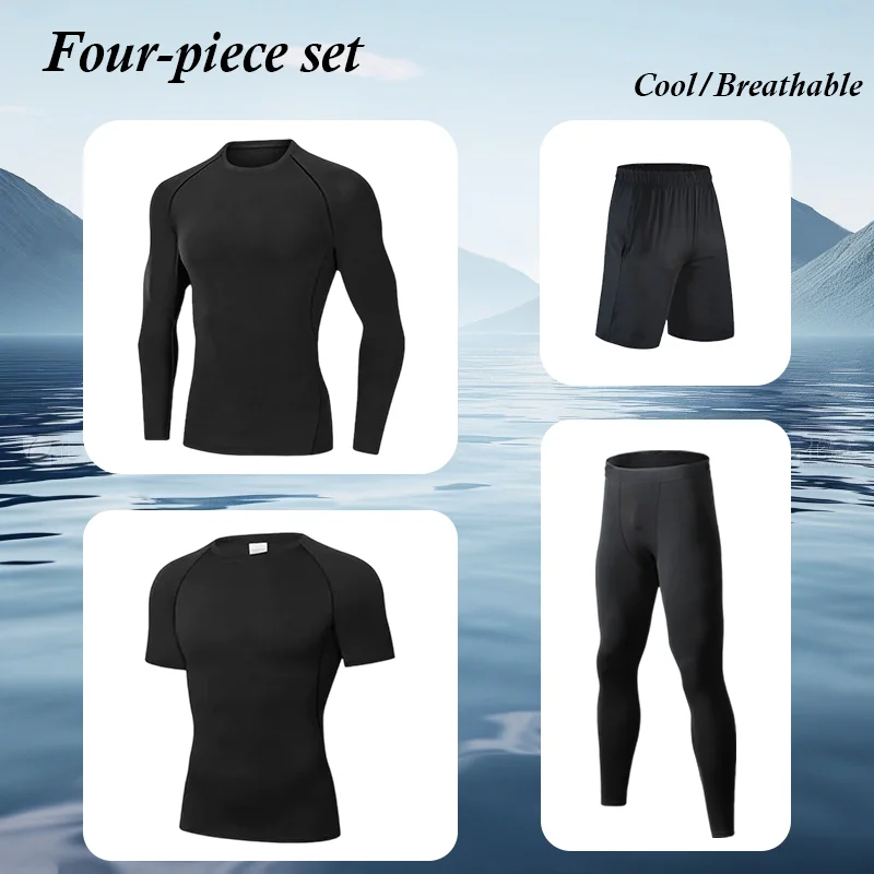 

Новый мужской спортивный костюм 2025 года: высокоэластичный комплект для фитнеса и бега, летний трендовый, с длинным рукавом и шортами, из полиэстера, для спортзала