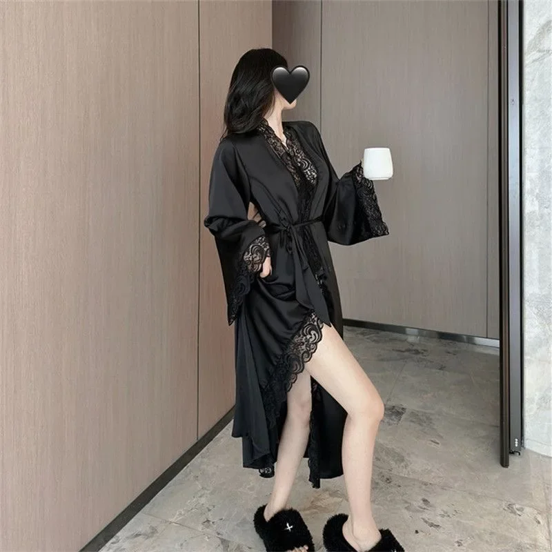 1 Piece Women's Ice Silk Satin Glossy Robe Pajamas Plus Size Nightgown Elegant Lace Homewear Fashion Casual Loungewear