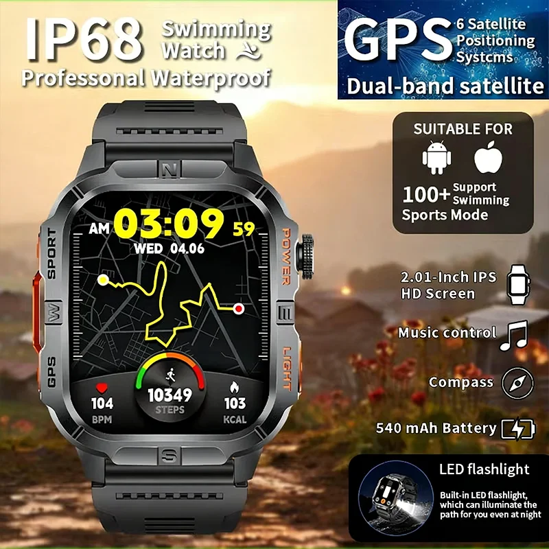 

2025 Men's GPS Sports Smart Watch 2.01-Inch HD Display Bluetooth Call Compass Heart Rate Monitor IP68 Waterproof for Active Men