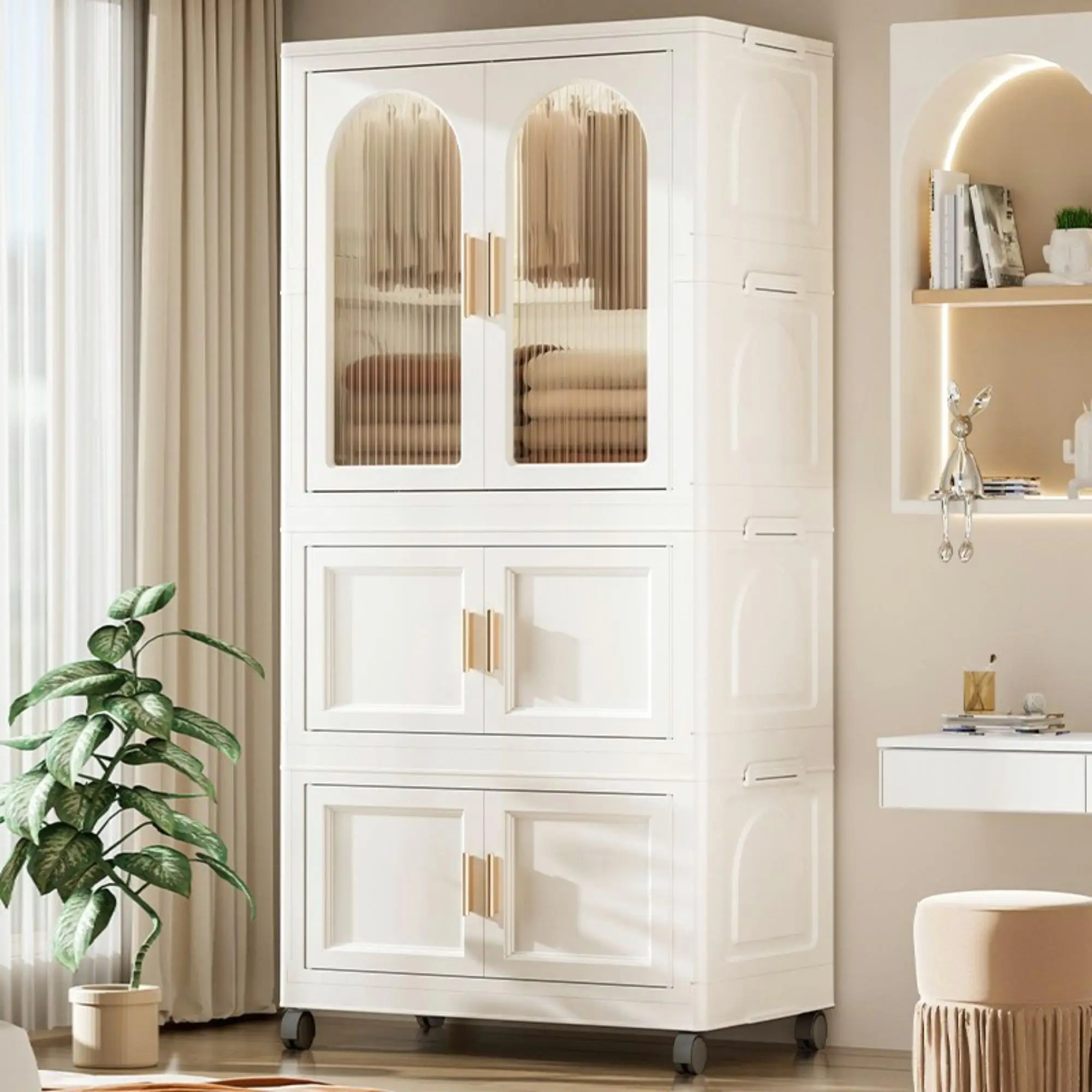 25.59” Folding Wardrobe with Magnetic Door & Wheels – 1 Layer Cabinet + 2 Folding Boxes + 10 Hangers, Space-Saving Storage