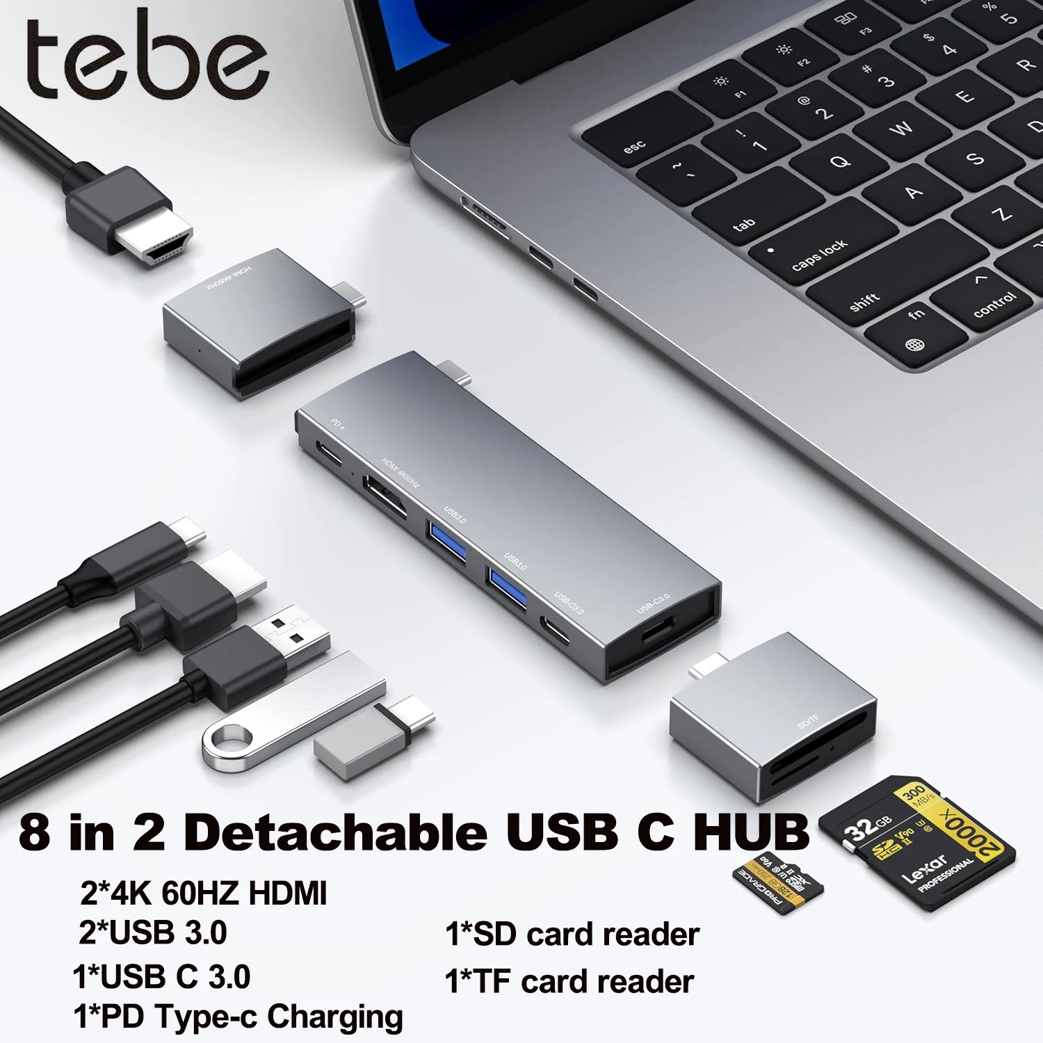 

Адаптер-концентратор Tebe USB C для Macbook Air/Pro M1 M2 M3 Dell Acer Съемный адаптер 8 в 2 USB-C на 4K 60 Гц HDMI-концентратор Multi USB 3.0