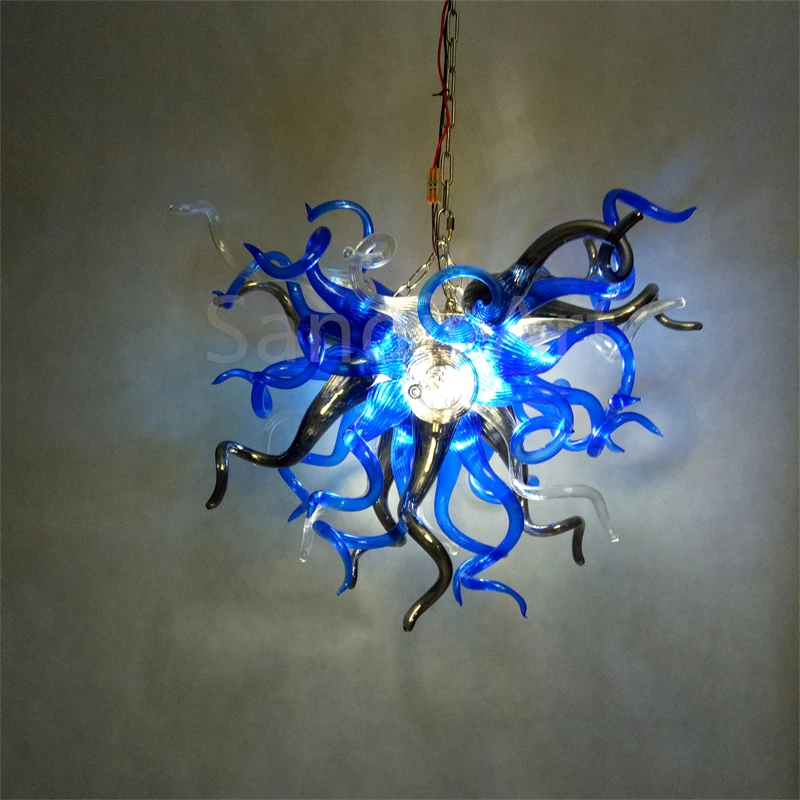 

Silver blue and clear hand made blown glass chandelier art for dining room decoration