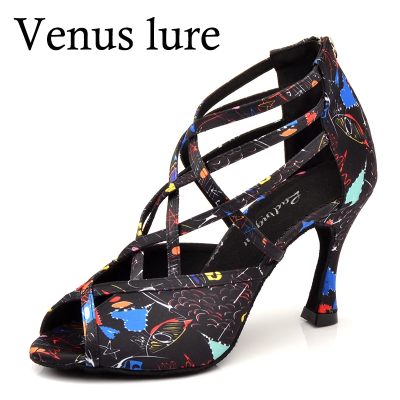 

Venus Lure Customized Tango Dance Sandal Black Satin Printed High Heel Dancing Shoes 9CM