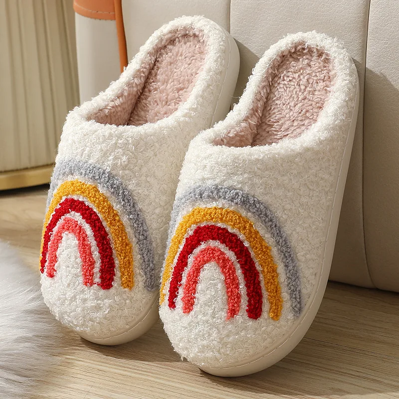 2024 Winter Cute Rainbow Smiley Cotton Slippers Home Women's Indoor Non-slip Warm Slippers Women Shoes