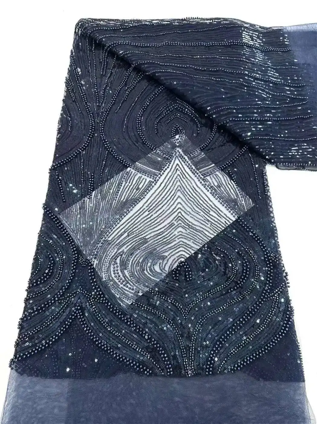 

African French Mesh Lace Beads Fabric Luxury Nigerian Net Lace with Sequins Wedding Dresses For Women High Quality 5yards