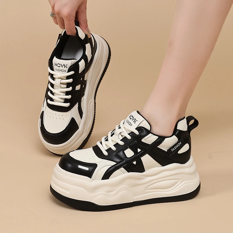 Womens Black White Colorblock Platform Chunky Sneakers Hidden Heel Lift Lace Up Casual Dad Shoes For Daily Wear And Street Style