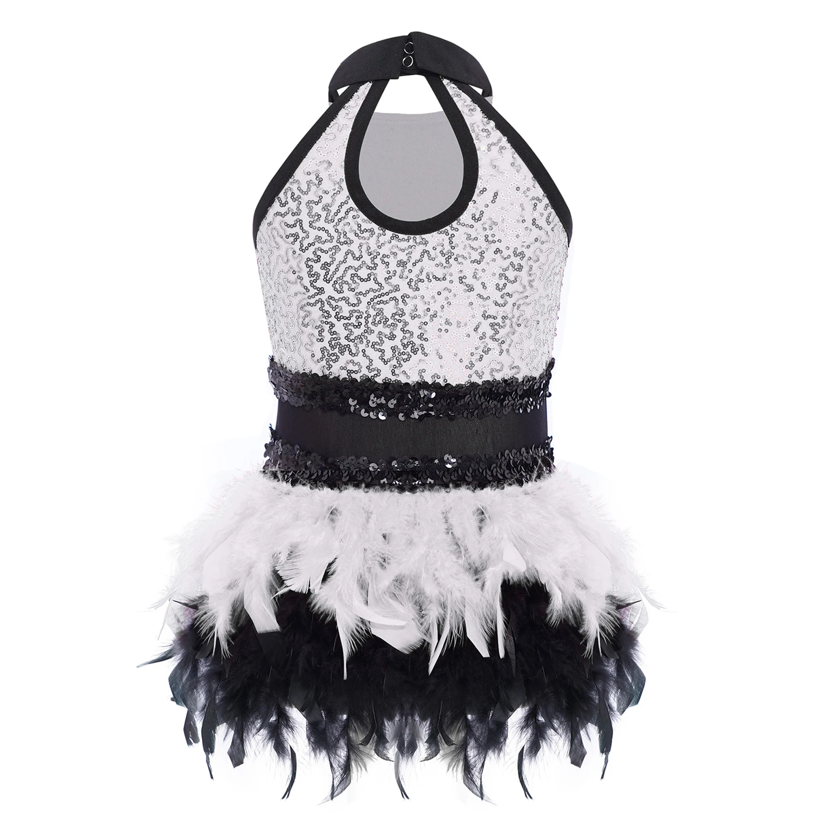 Teen Girls Sleeveless Sequin Sheer Mesh Feather Latin Jazz Dance Cha-cha Leotard Dress Ballet Tutu Samba Rumba Tango Dancewear