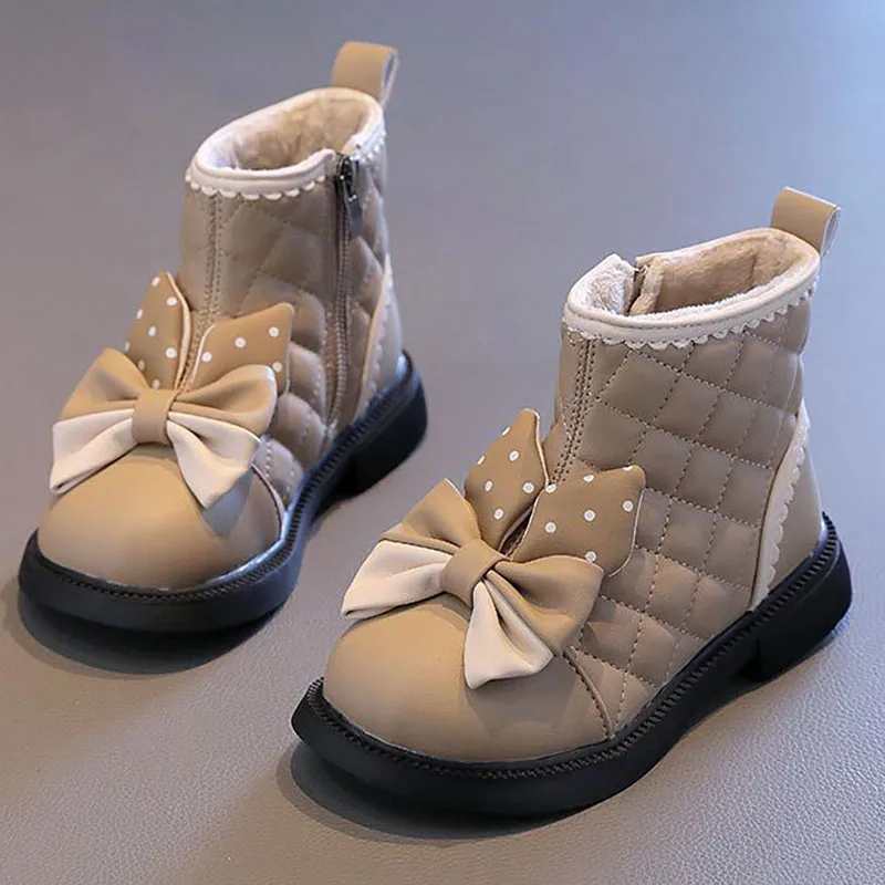 Winter Princess Plush Boots For Girls Korean Style Cute Bow Cotton Shoes Soft-soled Anti-slippery Teenager Girl's Faux Fur Boots