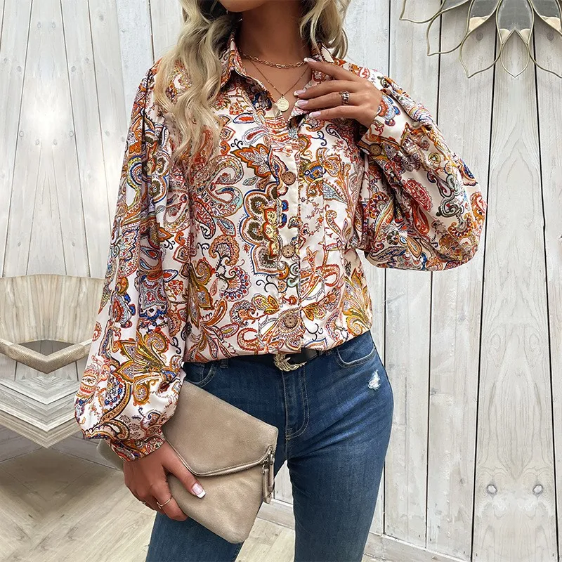 

Spring Printed Long Sleeved Shirt With Elegant European And American Style Lady Bubble Sleeves Women Ethnic Style Printed Shirt
