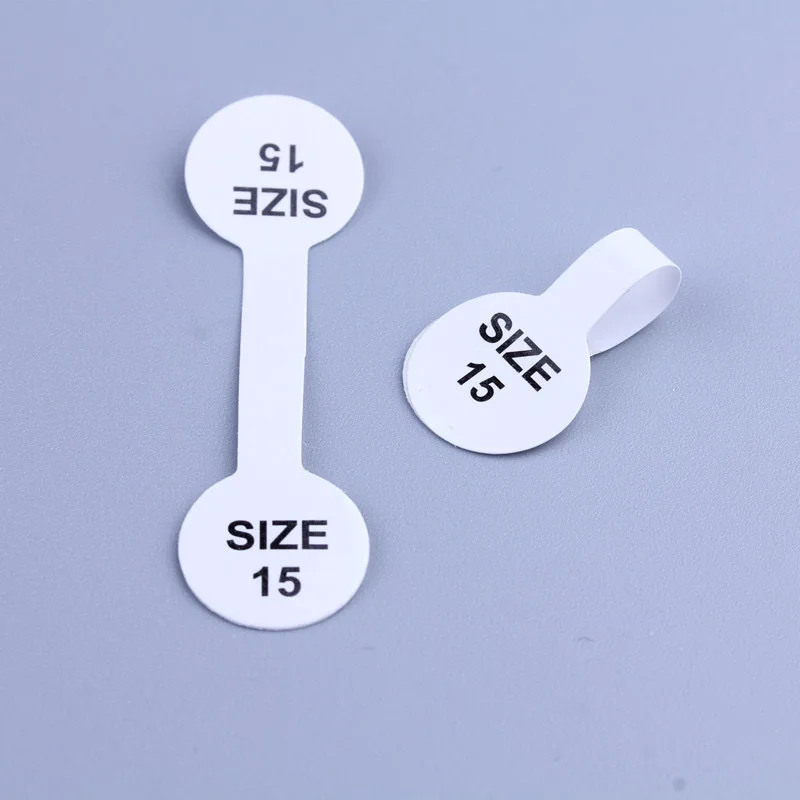 100pcs Ring Size Printed Tags Self-adhesive, glue ends adhesive free shank Jewellery necklace gummed tag rings label sticker