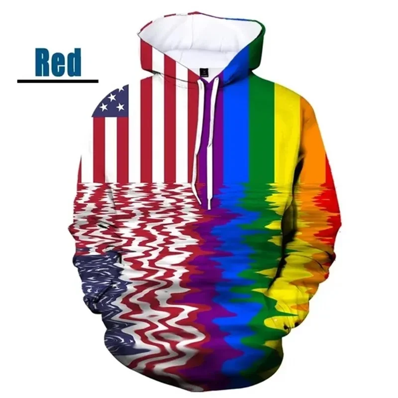 Homens impressos em 3D com capuz gráfico padrão arco-íris, pulôveres coloridos casuais do amor, blusas de moletom, streetwear, capuz hip-hop