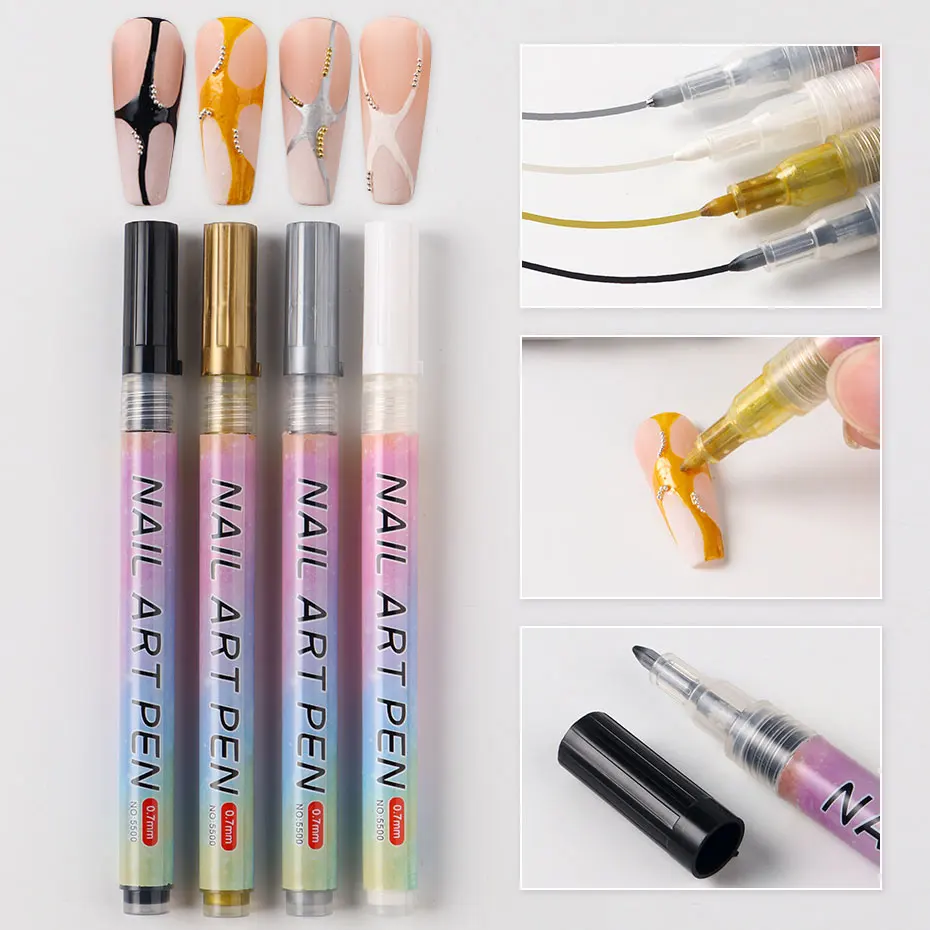 

4 шт./компл., черно-белый маркер для дизайна ногтей, кисть 0,7 мм, граффити, линия рисования, волна, цветочный узор, ручка для рисования, маникюрные инструменты