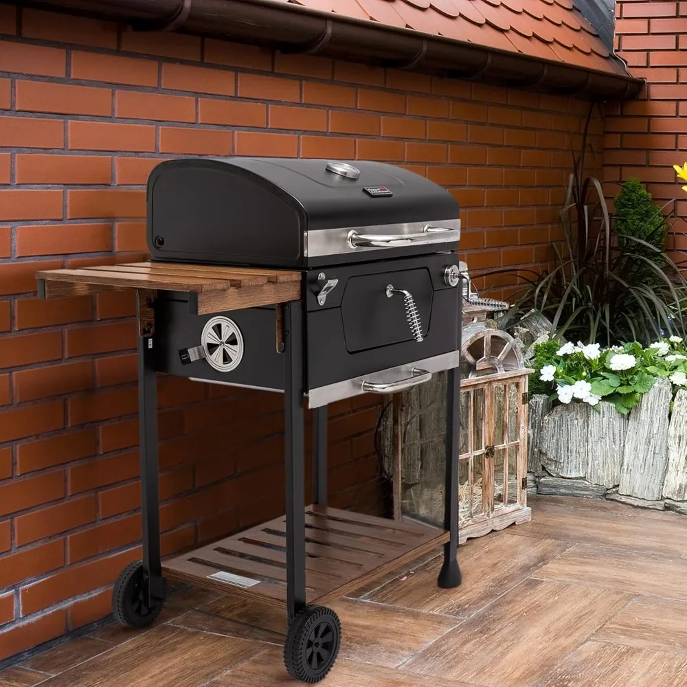 CD1824M 24-Inch Charcoal Grill, BBQ Smoker with Handle and Folding Table, Perfect for Outdoor Patio, Garden and Backyard