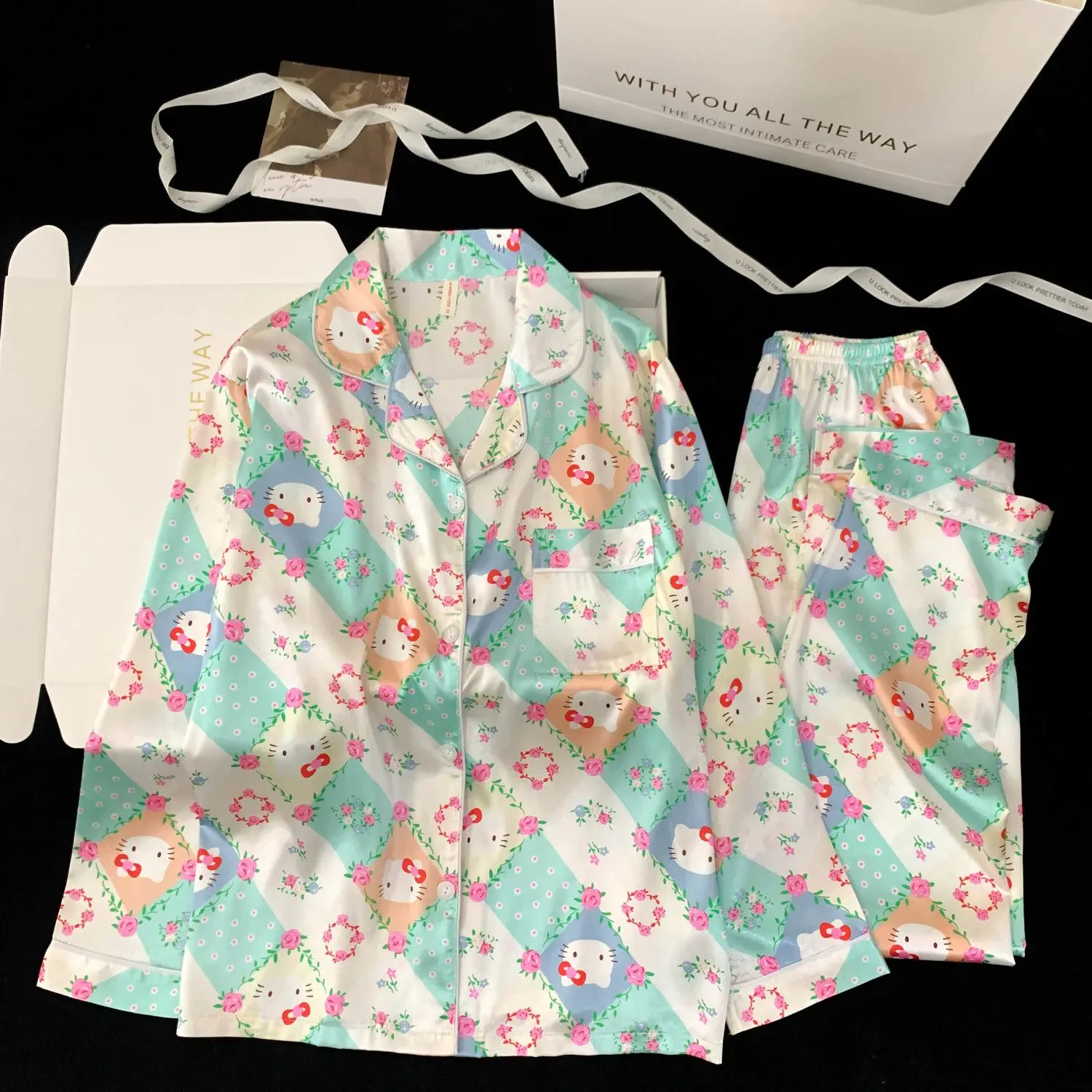 

Sanrio Hello Kitty Ice Silk Sexy Nightwear Pants Long Sleeve Pajamas Spring Sleepwear Kawaii Cartoon Nightie Home Suit for Women