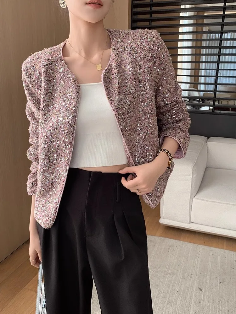Elegant Ladies Shiny Sequins O Neck Tweed Jacket Long Sleeve Solid Color Loose Short Coat Office Lady Fashion Casual Jackets
