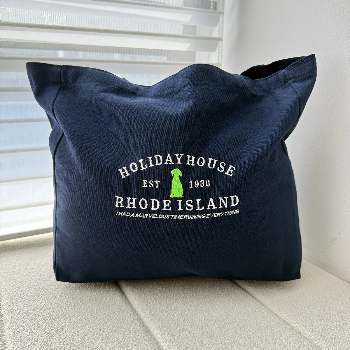 Holiday House Folklore Embroidered Vintage Style Canvas Tote Bag 80s 90s Street Shoulder Bags Ladies Casual Navy Shopping Bags