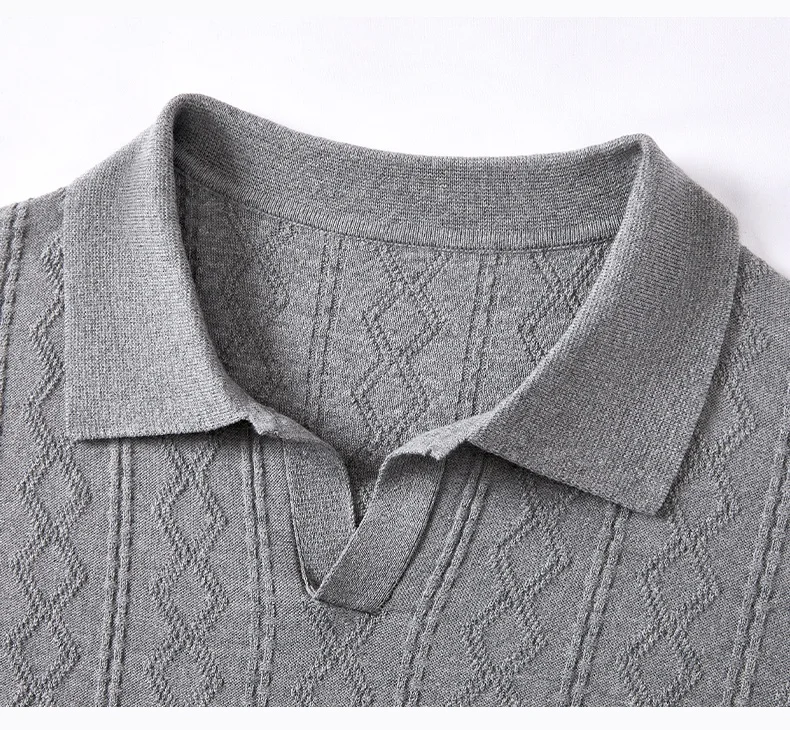Luxuriöses, gestricktes 100% Baumwoll-Poloshirt für Herren, kurzärmelig, neu, Jacquard, weich, atmungsaktiv, modisch, hochwertig, einfarbig, lässiges T-Shirt. – Detail 13