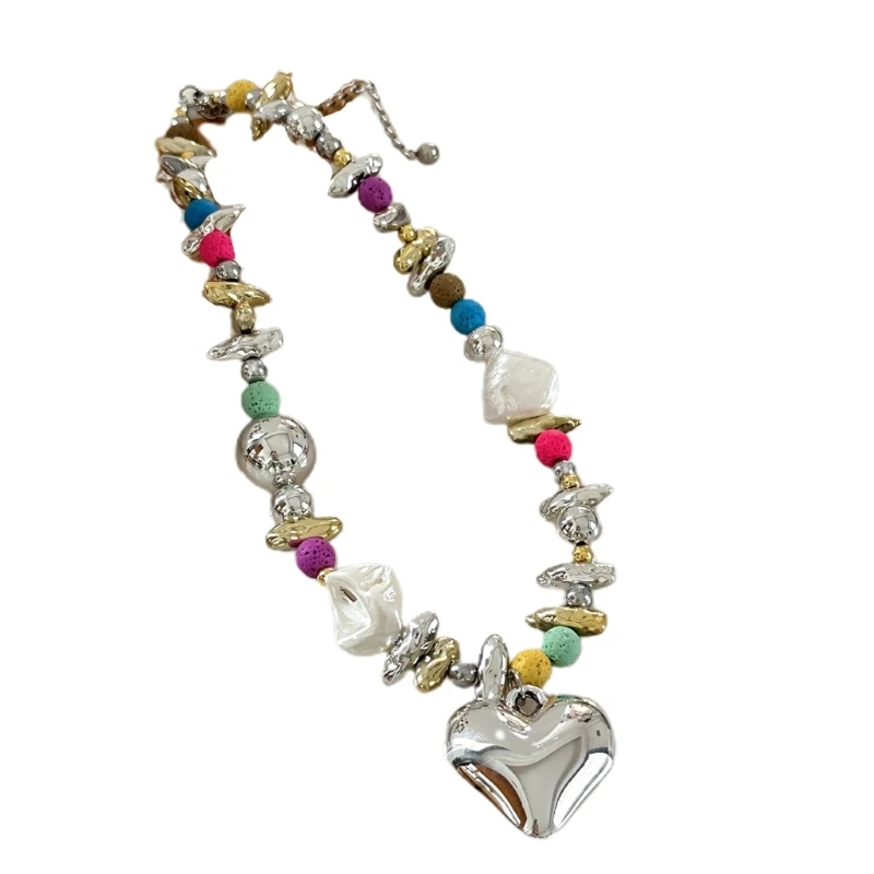 Colorful Heart-shaped Pendant Necklace Sweet Cool Girl Collar Chain with Irregular Beads for Women Party Fashion Jewelry