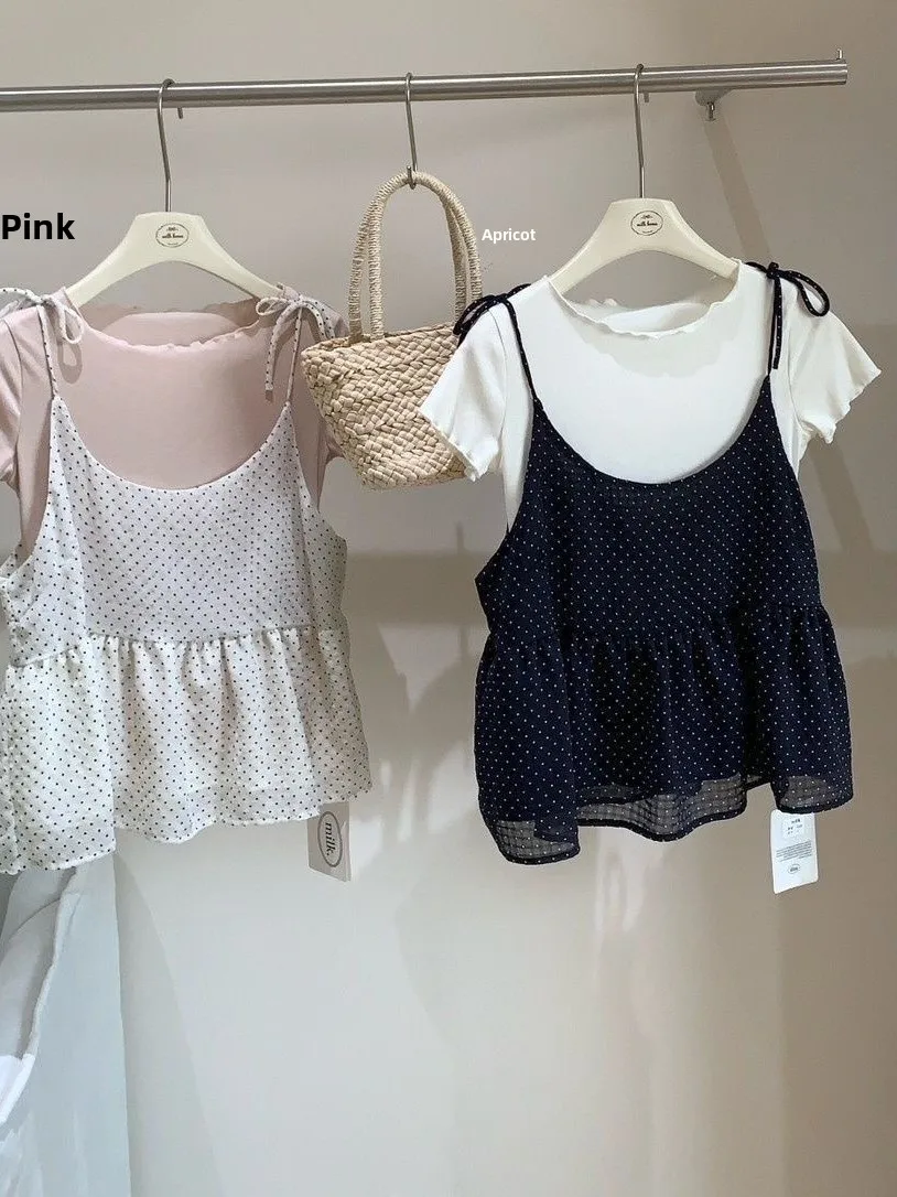 Summer Polka Dot Short Sleeve T-Shirt Set with Wooden  Design Two-Piece Overlap Wear Polyester Fiber Anti-Wrinkle