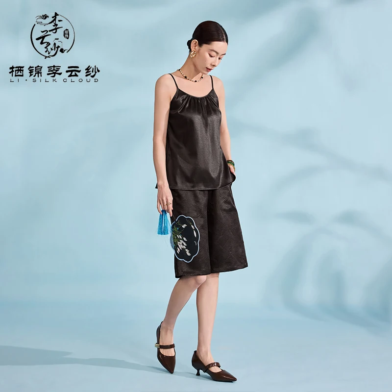 LI SILK CLOUD เสื้อสายเดี่ยว Xiangyunsha สีดําคลาสสิก - ผ้าไหมธรรมชาติ 100% ดีไซน์แขนกุดหรูหรา