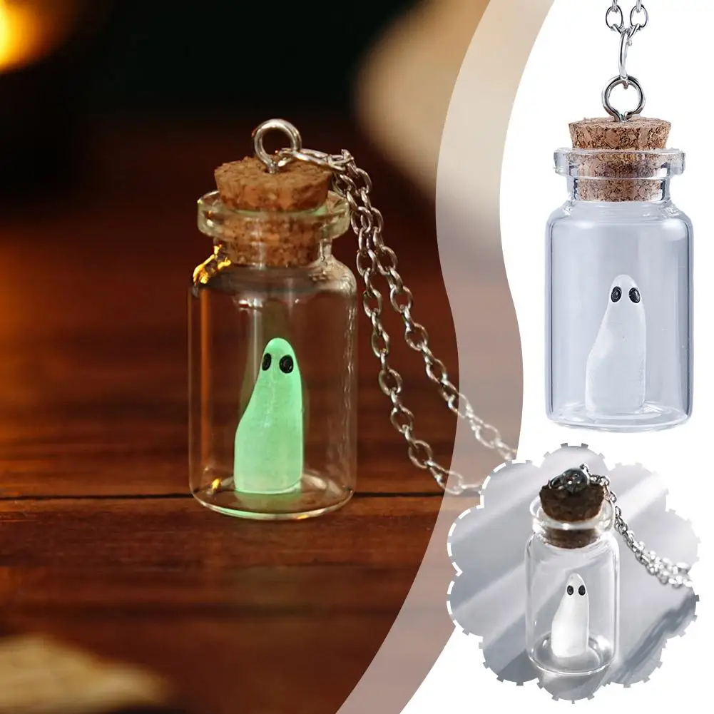 Halloween Glow Tiny Ghost in A Bottle Pendant Necklace Luminous The Adopt a ghost necklace for Women Jewelry Festival Gifts R0D1