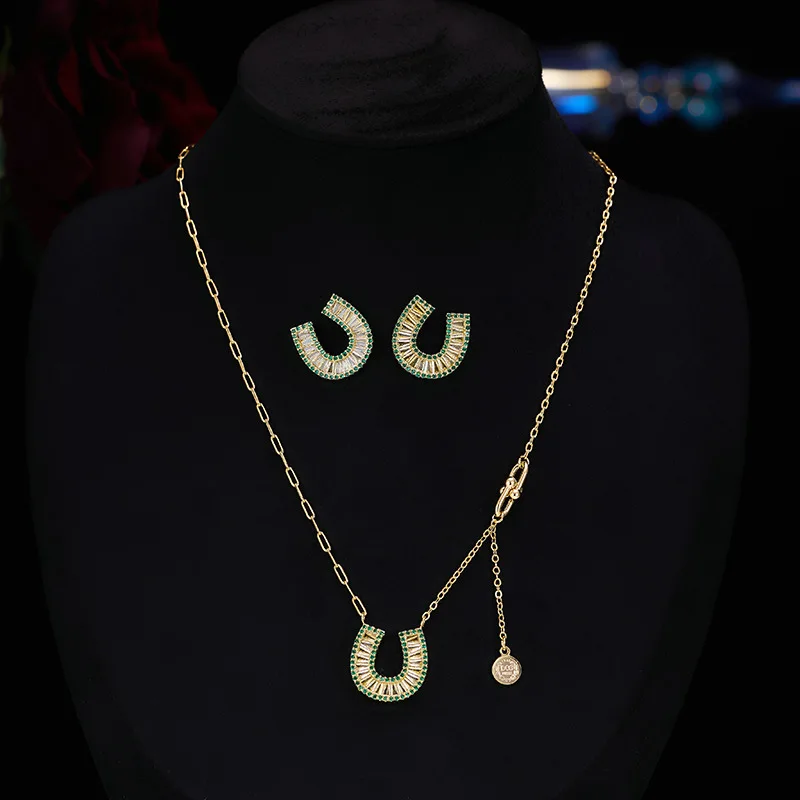 HIBRIDE Niche Fashion Cute U-shaped Necklace Earrings Jewelry Set Daily Light Luxury Women's Wedding Holiday Bridal Gift S-1133