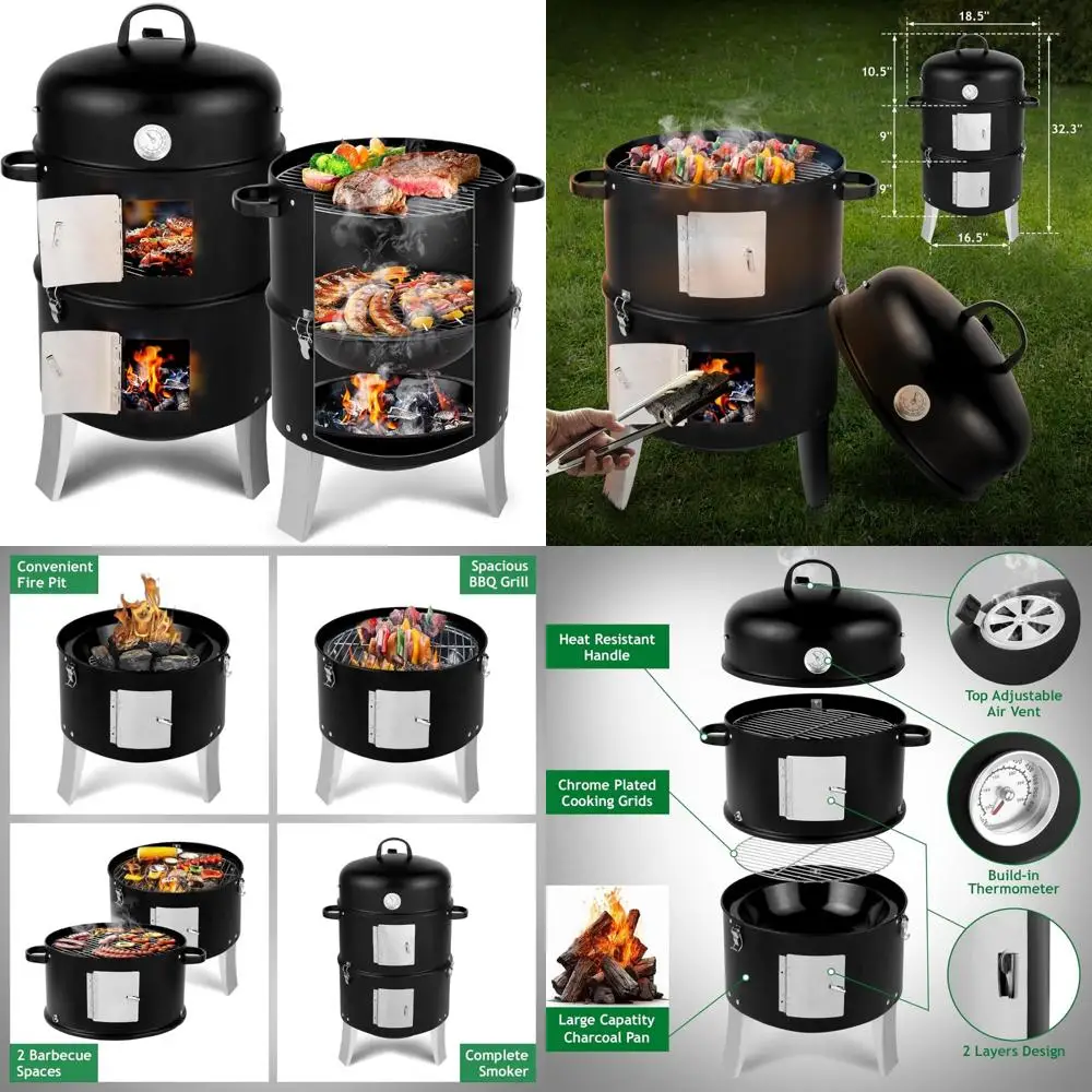 

Heavy-Duty Vertical Charcoal BBQ Smoker with Double Layers for Outdoor Cooking