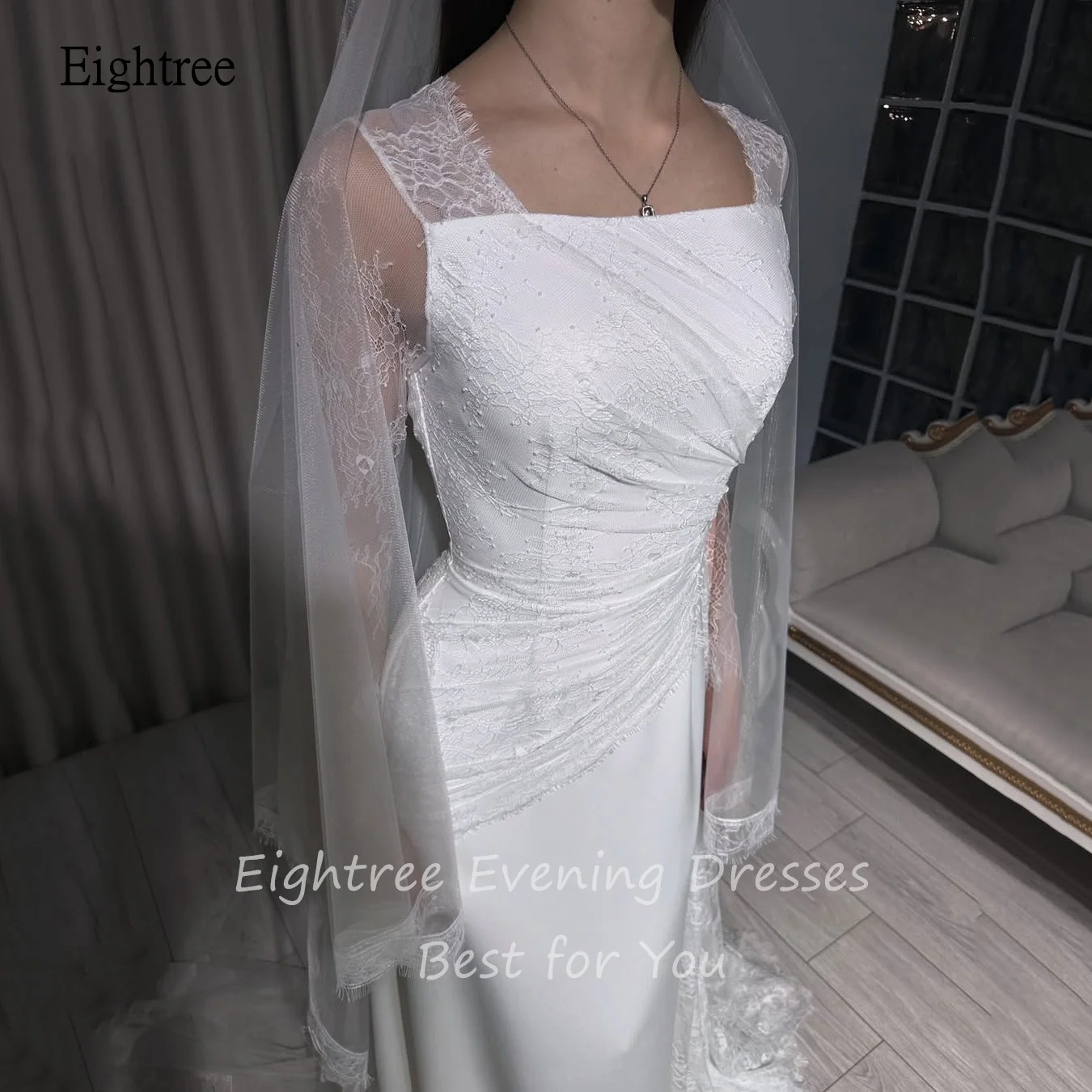 Eightree elegante encaje de color marfil vestido de novia de manga larga cuello cuadrado una línea vestidos de novia vestidos de novia largos 2025 personalizado