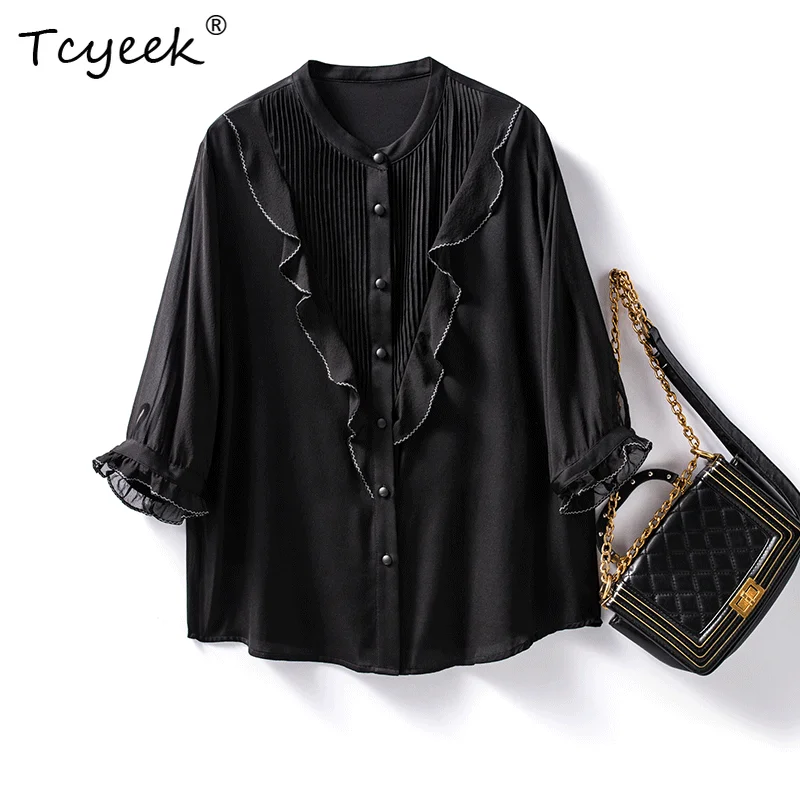 

Tcyeek, 93%Natural Silk Elegant Shirt, Women Stand Collar Ruffles, Fashion Casual Blouses, 2024 Autumn Winter Tops T48062QM