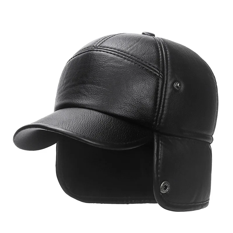 

New Winter Bomber Hat Men Women Russian Black Leather Ushanka Cap with Ear Flaps Fur Warm Leather Brand Baseball Caps