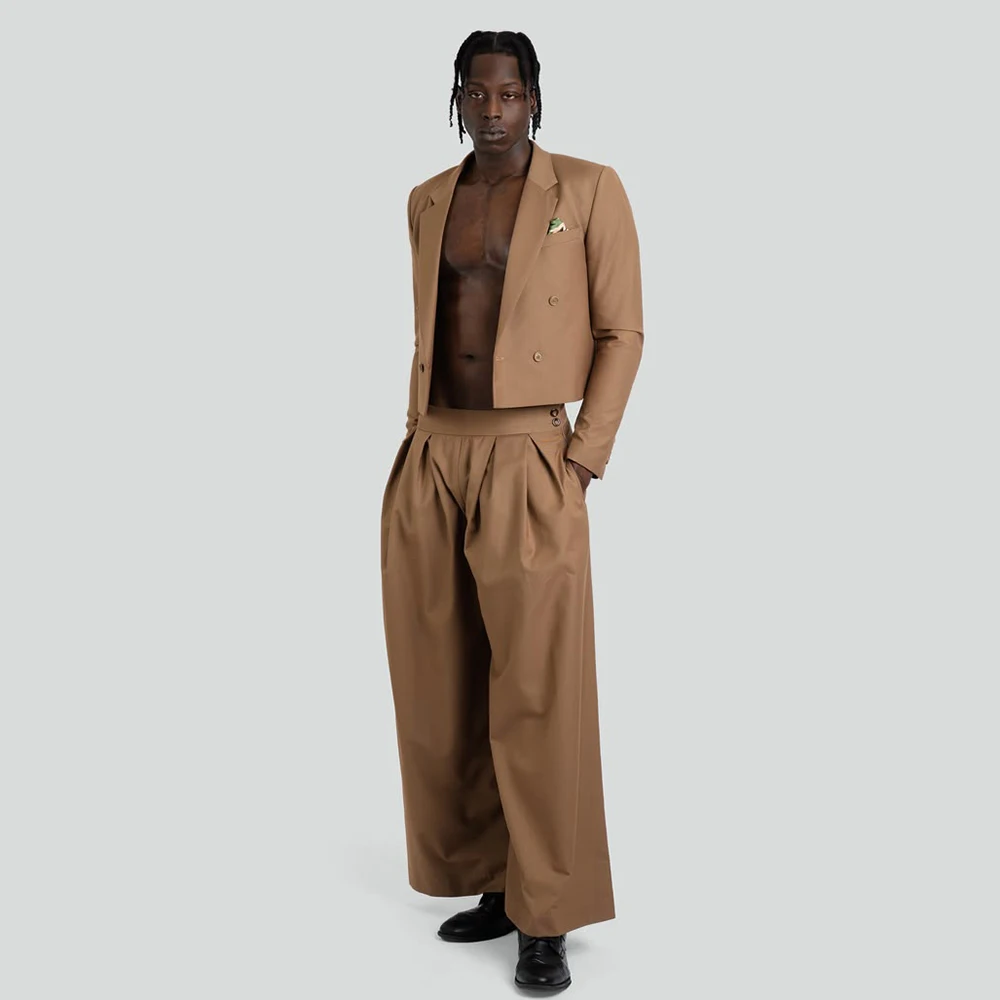 

Fashion Cropped Men's Suits Elegant Party Double Breasted Blazer With Pleat Trousers Customized 2 Piece Jacket Pants Sets