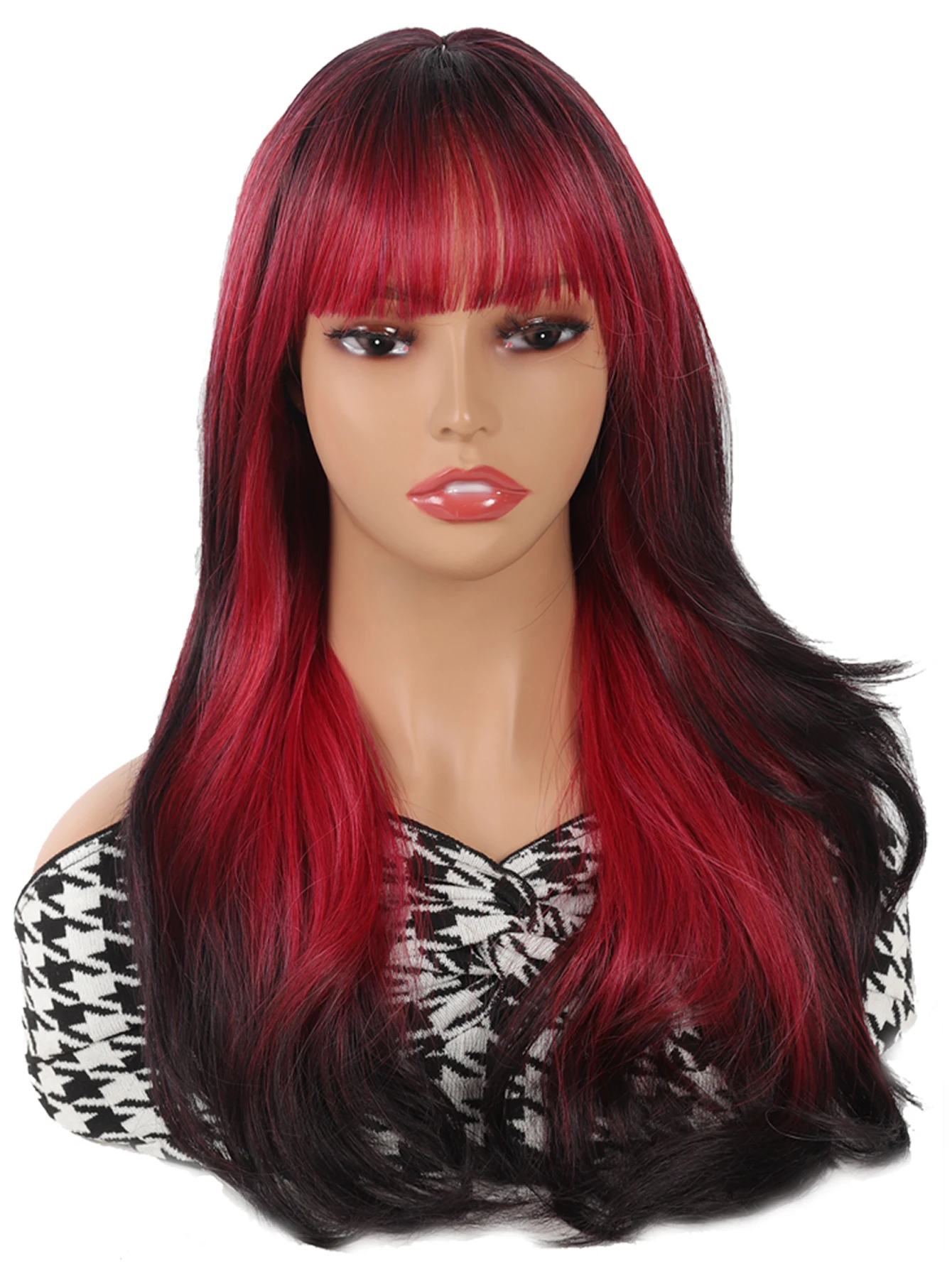 Long Black red Gradient Straight Synthetic Wig with Black Ombre Cosplay Layered Wigs for Women Party Heat Resistant Natural Hair