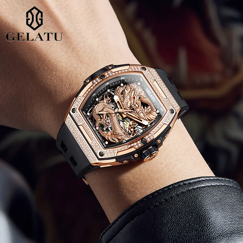 GELATU 6021 Golden Dragon Hollow Men Watch Automatic Mechanical Watch Waterproof Silicone Luxury Diamond Men Watch Reloj Hombre