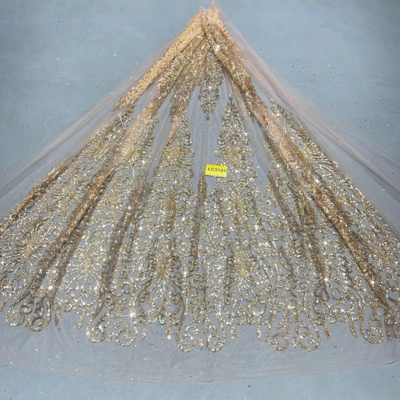 

5 Yards Gold Fadhion Patterned Wedding Dress Fabric with Mesh Gold Spray Lace 150cm Wedding Party Spray gold Tull fabric