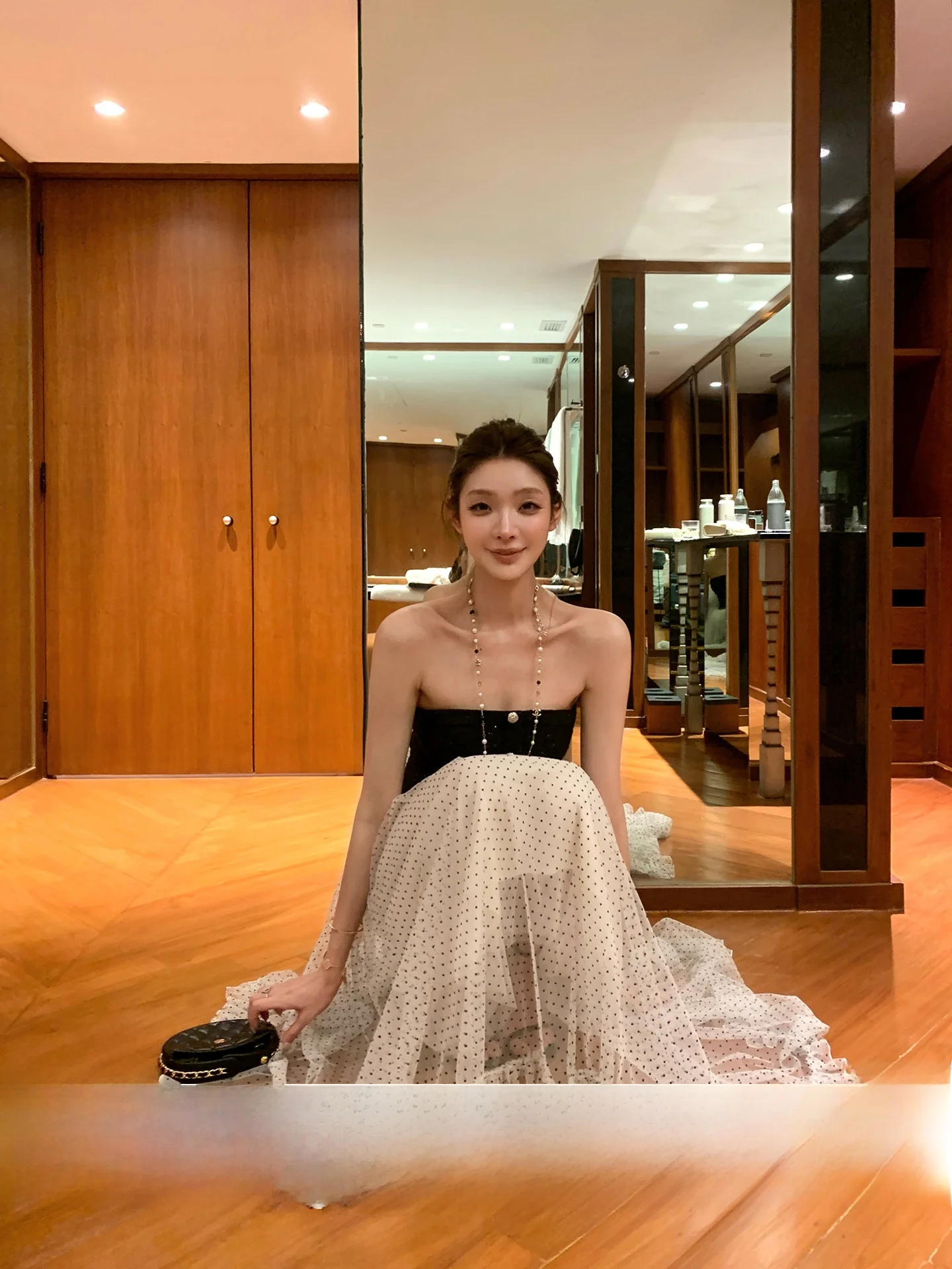 YOLI Zhang Yuli Casual Black White Polka Dot Halter Neck Dress Women's Spring Lazy Style Versatile Slimming Long Skirt