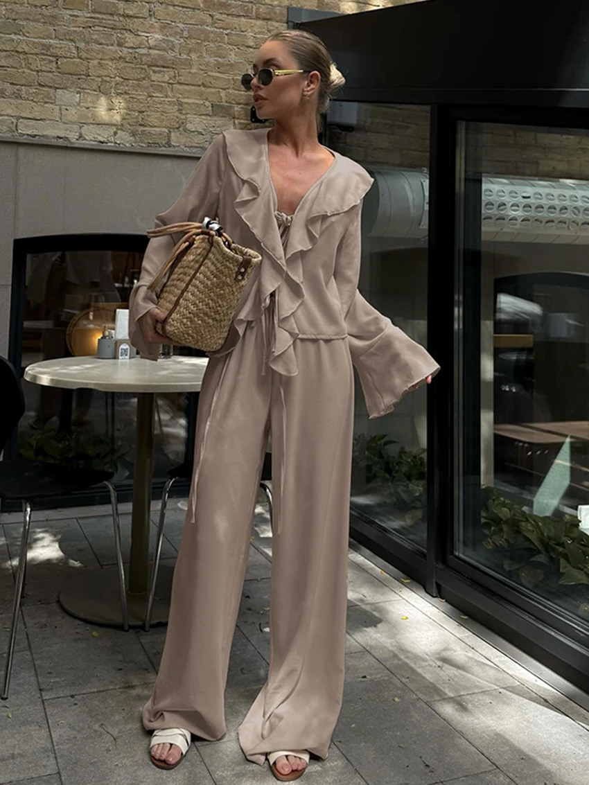 Marthaqiqi Casual Female Nightgown Suit Lace Up Pajama Long Sleeve Nightwear Sexy V-Neck Sleepwear Pants Loose Women Nightie Set