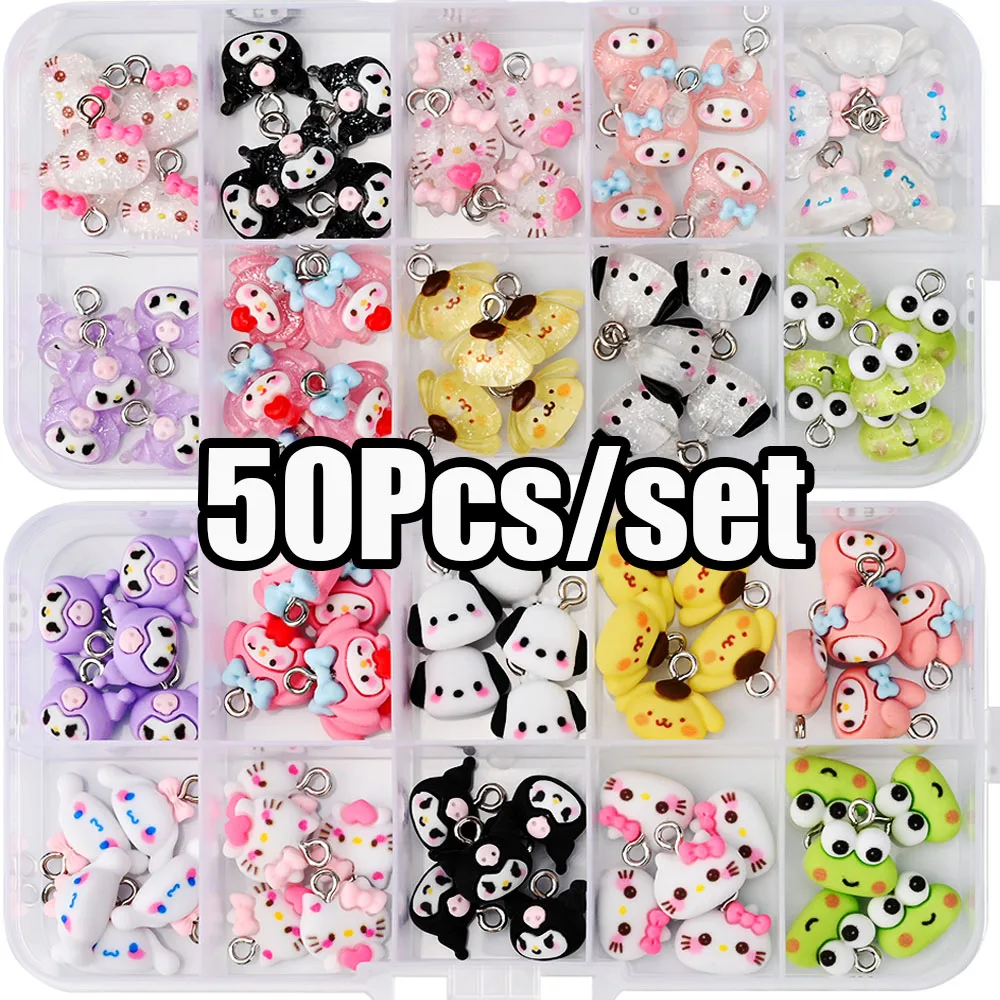 36/42/50/70Pcs MINISO Kawaii Kuromi Hellokitty Nail Charms 1Box Cartoon Resin Hello Kitty Kuromi Nail Art With Hoop Cute Craft