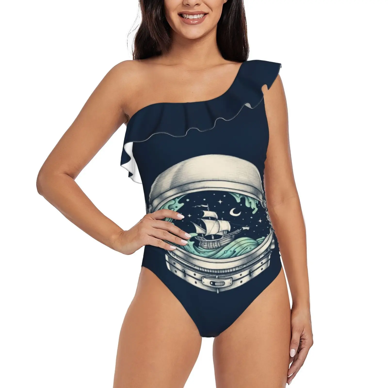 

Spaceship One Shoulder Ruffle Swimsuit Women Swimwear Sexy Beach Wear Summer Bathing Suits Space Ship Stars Moon Cosmonaut