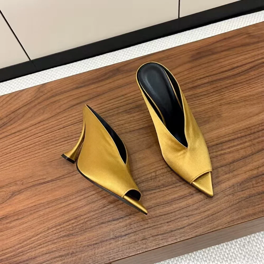 Elegant Satin Peep-Toe High Heels Unique V-Notch Cutout Flared Heel Backless Design Minimalist Style Pointed-Toe High Heels