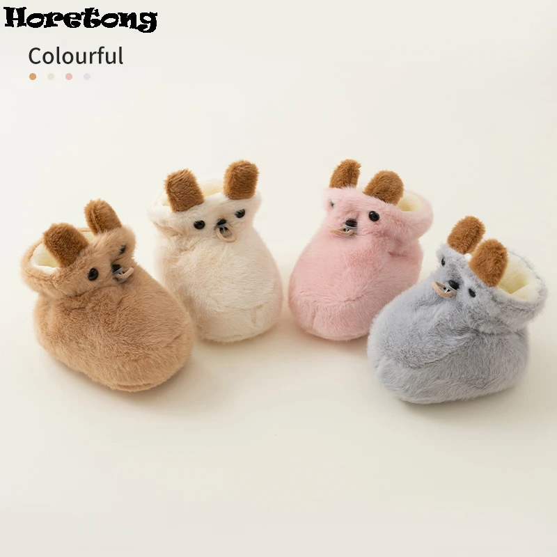 2024 New Baby Shoes Drawstring Soft Sole Winter Newborn Fur Shoes Coral Fleece Thickened Warm Prewalker Cute Animal Patterns